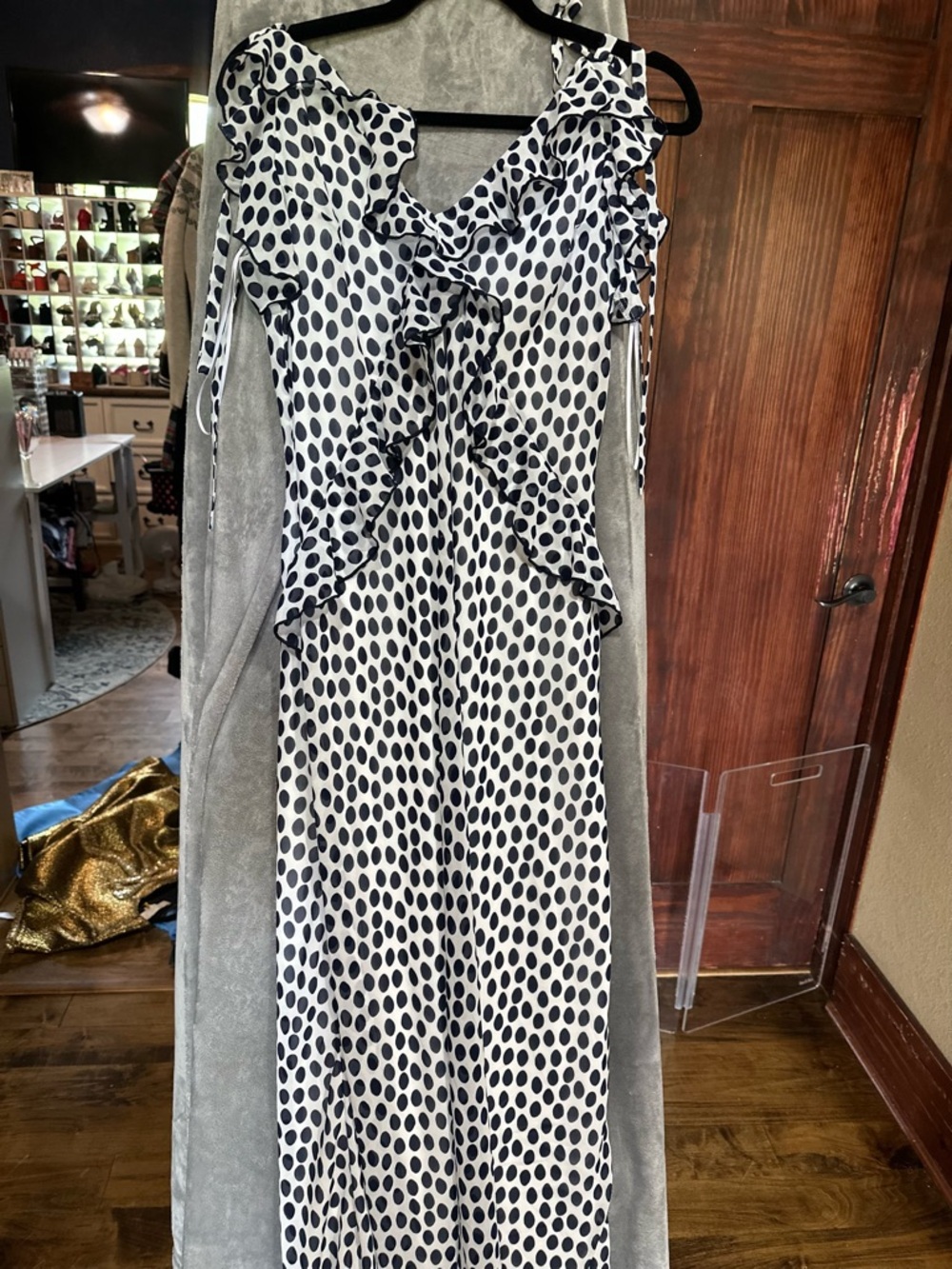 Polka Dot Ruffle V-Neck Maxi Dress - Navy on White